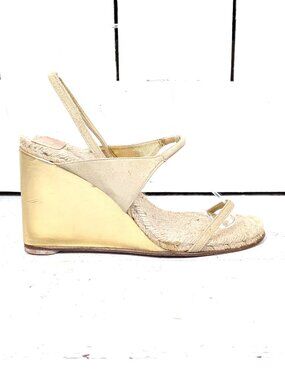 Gold suede leather open toe wedge espadrille sandal